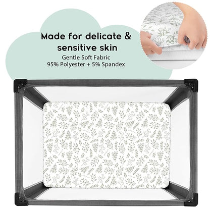 Yoofoss Pack and Play Sheets Fitted, Mini Crib Sheets 2-Pack for Pack N Play Mattress, Stretchy Playard Sheet, Soft and Breathable Green + Leaf