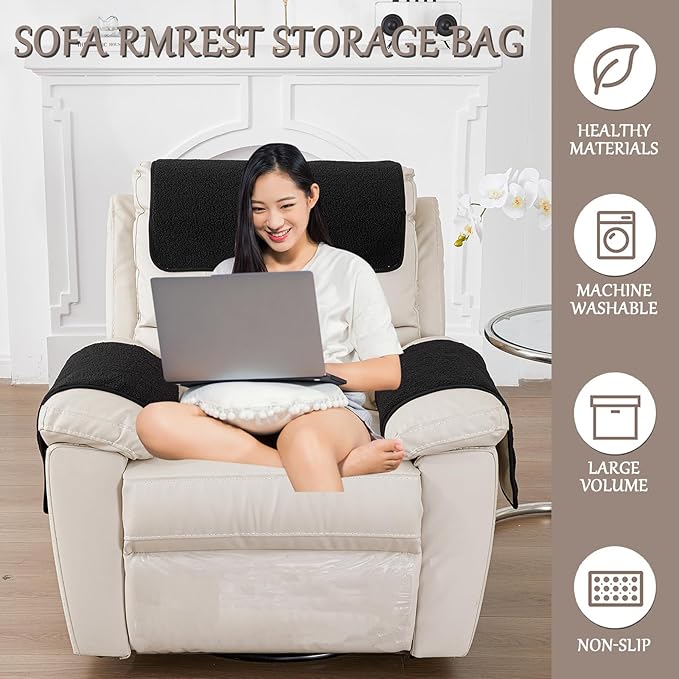 Armrest Cover, Recliner Chair Protector, Furniture Protector Slip, Side Storage Pocket, Stretch Armchair Couch Arm Rest Cover for Recliner, Chair, Sofa (Black,2 Seater(4pcs))