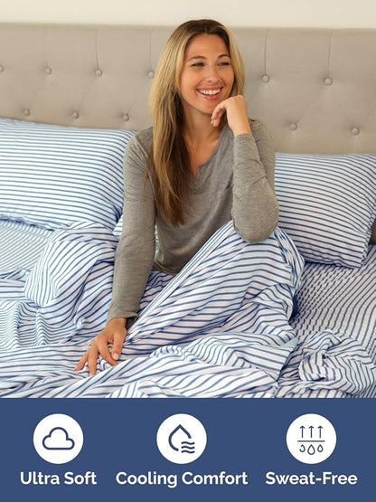 Extra Deep Twin XL Fitted Sheet - Hotel Luxury Single Fitted Sheet Only - Easily Fits 18 inch to 24 inch Mattress - Ultra Soft, Wrinkle Free w/Extra Deep Pockets - Breathable & Comfy - Blue Stripes