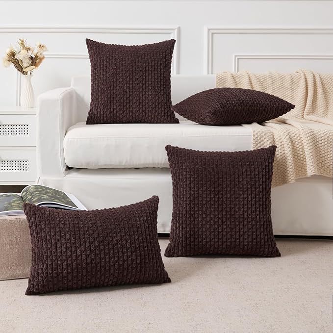 Kevin Textile 12x20 Inch Pillow Cover 1 Pack Boho Decorative Soft Striped Corduroy Lumbar Farmhouse Accent Rectangle Cushion Case for Living Room Couch Sofa Bed, Coffee