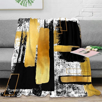 Modern Abstract Geometric Comfortable Blanket 60x80inch(150x200cm),Black White Gold Oil Painting Art Travel Blanket Lightweight Soft Cozy