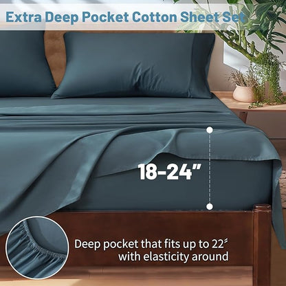 Extra Deep Pocket Queen Sheets 18-24 Inch 100% Egyptian Cotton 1000 Thread Count Sateen Weave Soft Breathable 4 Pieces（Queen,Lake Blue）