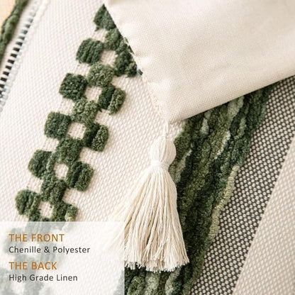 Boho Throw Pillow Covers 18x18 Set of 2 Woven Tufted Farmhouse Pillows Cover with Tassels Textured Striped Cushion Case Neutral Pillow Cases Decorative Pillowcase for Couch Bed,Dark Green