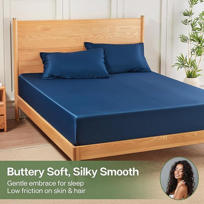 MR&HM California King Fitted Sheet, Ultra-Soft Rayon Derived from Bamboo & Polyester Blend, Silky & Breathable, 15" Deep Pocket with Elastic Straps, Cooling Fitted Sheet for Hot Sleepers, Navy Blue