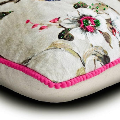 The HomeCentric King/Queen/Twin Pink & Purple Luxury CA King 86"x18" Bed Runner Without Pillow Cover, Peacock, Beaded, Pom Pom Lace Bed Scarf on Cotton Fabric - Pavo Paradiso