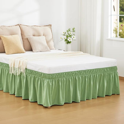 RIMELA Light Green Bed Skirt Queen Size 15 Inch Drop, Elastic Bed Skirting, Bedding Dust Ruffle Easy to Install, Wrap Around Bedskirt, Bedroom Decor