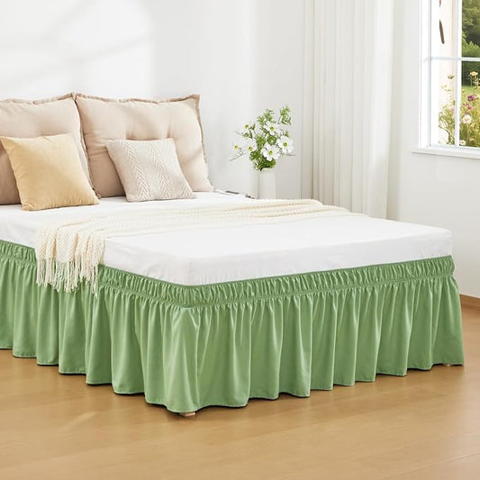 RIMELA Light Green Bed Skirt Queen Size 15 Inch Drop, Elastic Bed Skirting, Bedding Dust Ruffle Easy to Install, Wrap Around Bedskirt, Bedroom Decor
