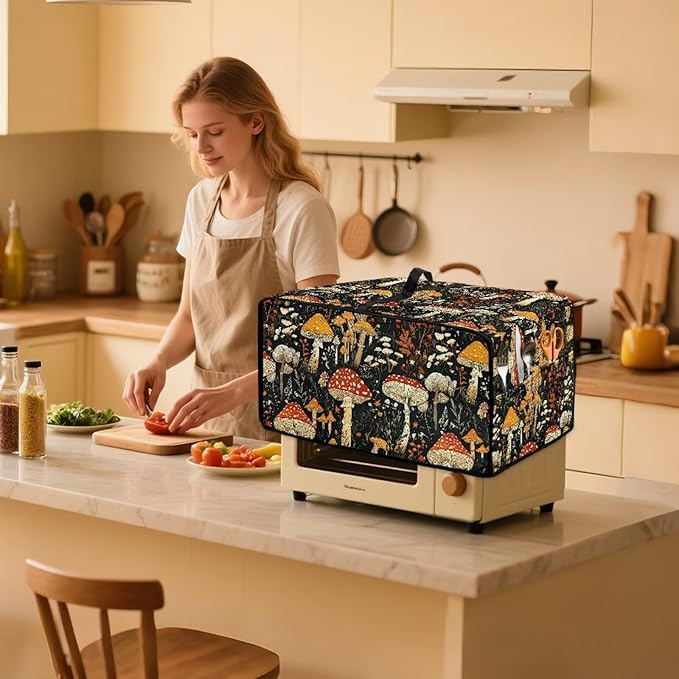 Dustproof Toaster Oven Cover Polyester-Linen Fabric Microwave Oven Dust Cover Foldable Kitchen Appliance Protector Dirt and Fingerprint Protection, Vintage Mushroom Plant Print, L