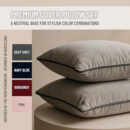 2 Pack Velvet Decorative Throw Pillow Covers, 20"x20", Dove Grey, Solid, Modern, Contrast Piping, Indoor Use, Bedroom & Living Room