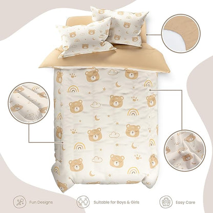 SANDJEST Bear Comforter Set Full Size 98x86in for Kids Boys Girls Unisex, Microfiber 4 Pcs Bedding Set Includes 1 Comforter, 2 Pillowcases, 1 Fitted Sheet, Nursery Room Decor
