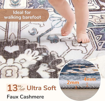 OPPODREAM Thin Entryway Rug 2x8, 2x8 Rug Runner, Washable Hallways Carpet 2 x 8 with Non Slip Backing, Low-Pile Bedside Carpet 2 x 8, Long, Faux Cashmere, Navy Blue & Gold
