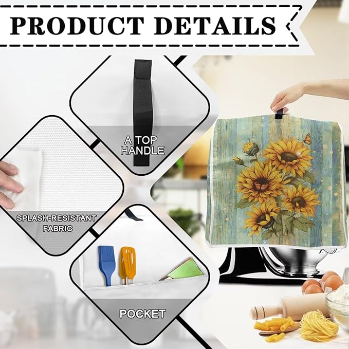 Sunflower Stand Mixer Cover Green Wood Grain Mixer Cover Dust Cover Compatible with 4.5-5 Quart Kitchen Mixer Anti-Stain Anti-Static Appliance Cover with Top Handl and Pockets