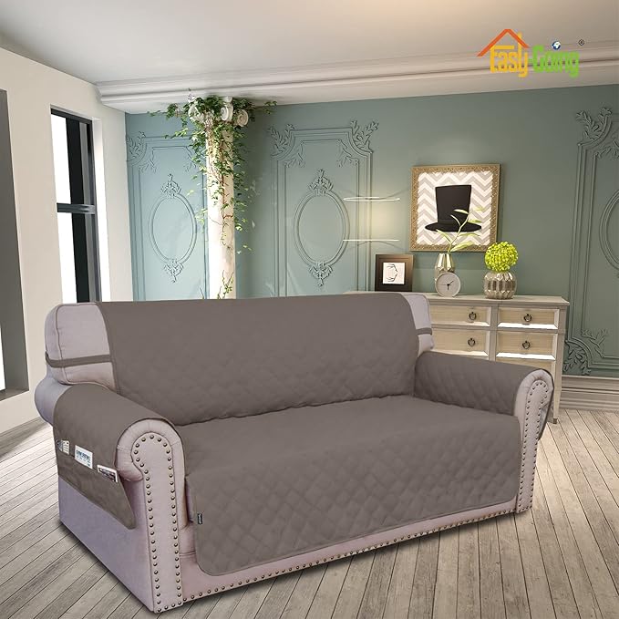 Easy-Going Sofa Slipcover Loveseat Cover Waterproof Couch Cover Washable Sofa Cover for 2 Cushion Couch Non-Slip Fabric Furniture Protector with Pocket for Pets Kids Dog Cat (Loveseat, Taupe)