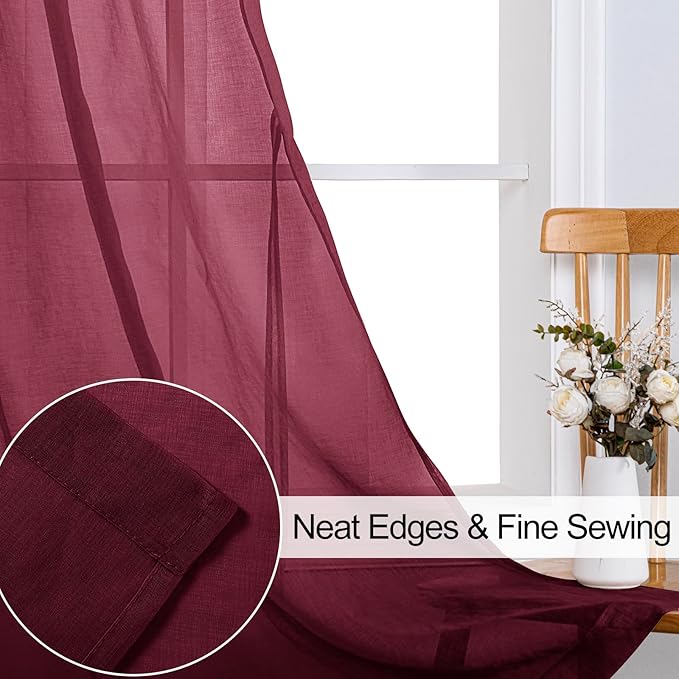 XWZO Sheer Curtains 84 Inches Length 2 Panels Set, Solid Grommet Semi Transparent Window Curtains for Living Room/Bedroom, Home Decor with Tiebacks, Amaranth Red, 52 x 84 Inches Long
