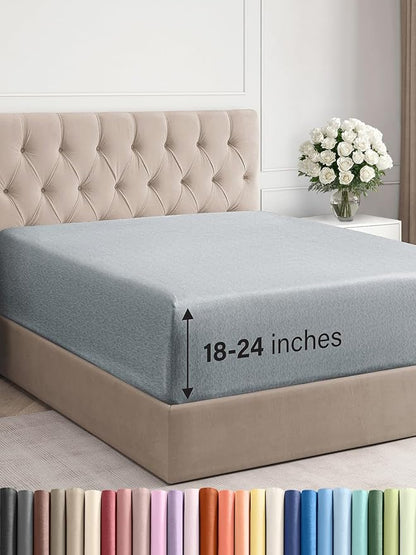 Extra Deep King Fitted Sheet - Hotel Luxury Single Fitted Sheet Only - Easily Fits 18 inch to 24 inch Mattress - Ultra Soft, Wrinkle Free with Extra Deep Pockets - Breathable & Comfy - Heathered Blue