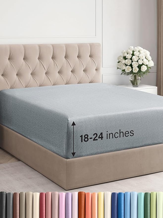 Extra Deep Full Fitted Sheet - Hotel Luxury Single Fitted Sheet Only - Easily Fits 18 inch to 24 inch Mattress - Ultra Soft, Wrinkle Free with Extra Deep Pockets - Breathable & Comfy - Heathered Blue