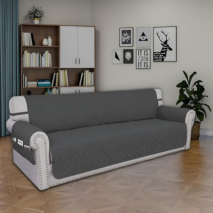 Easy-Going Sofa Slipcover Waterproof Sofa Cover Couch Cover for 4 Cushion Couch with Elastic Straps Washable Non-Slip Furniture Protector Cover for Pets, Dogs, Cat (XX-Large, Dark Gray)