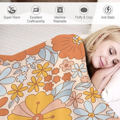 Retro 70s Floral Blanket, Hippie Summer Groovy Flower Power Flower Boho Print Throw Blanket for Couch Sofa Couch Chair 50"x60"