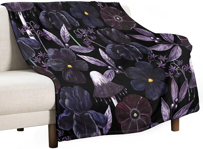 Gothic Floral Blanket, Vintage Abstract Black Purple Peony Flowers Mushroom Print Throw Blanket for Room Bedding Couch Decor Soft Lightweight Warm Cozy, 30"x40"