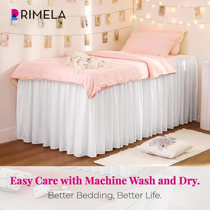 RIMELA Dorm Bed Skirt Twin XL 42 Inch Drop, Easy to Install Extra Long Wrap Around Elastic Dust Ruffle, White Bedskirt Solid Silky Fabric Machine Washable (Twin XL 80“L x 39”W & Twin 75“L x 39”W)