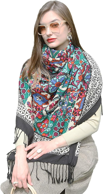 DANA XU 100% Merino Wool Extra Large Pashmina Blanket Travel Scarf Cashmere Wrap for Women Fall Winter Oversize Shawl Floral