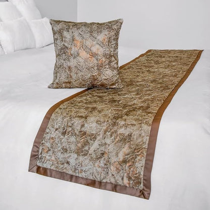 The HomeCentric King/Queen/Twin Copper Decorative CA King 86"x18" Bed Runner with 2 Pillow Cover, Beaded & Foil Bed Scarf on Silk Fabric - Aranka