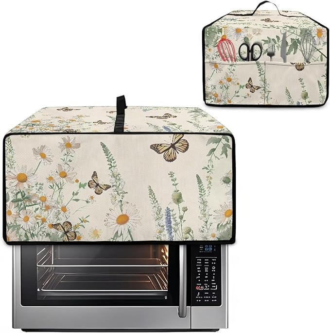 Butterfly Daisy Floral Print Microwave Oven Dust Cover Dust-Proof Heavy Duty Microwave Oven Cover with Storage Pockets Waterproof Decor Accessories for Kitchen, M