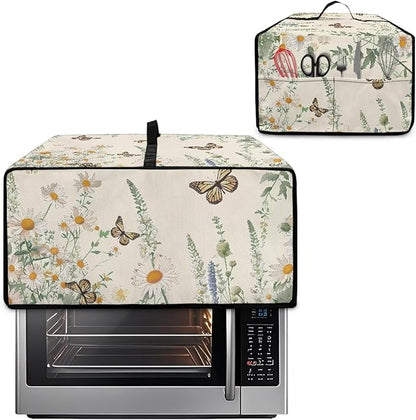 Butterfly Daisy Floral Print Microwave Oven Dust Cover Dust-Proof Heavy Duty Microwave Oven Cover with Storage Pockets Waterproof Decor Accessories for Kitchen, M