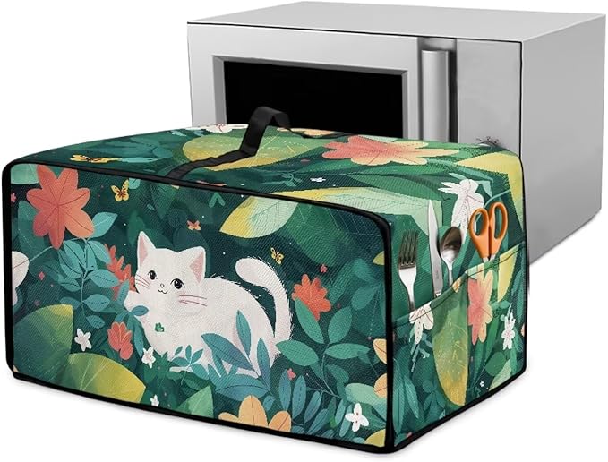 Air Fryer Toaster Oven Dust Cover Protective Convection Oven Cover with Pockets and Handle for Kitchen Countertop, L, 18.5 x 22.5 x 13 Inches, White Cat Green Leaf Flower