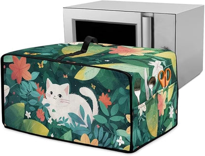 Air Fryer Toaster Oven Dust Cover Protective Convection Oven Cover with Pockets and Handle for Kitchen Countertop, S, 14.5 x 18.5 x 9 Inches, White Cat Green Leaf Flower
