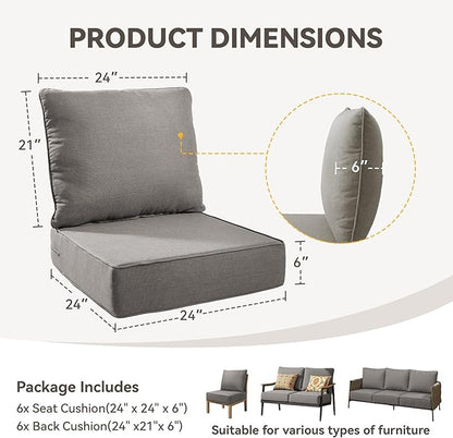 Outdoor Cushion Set for Furniture Patio Furniture, UV Resistant, Water Resistant - 6 Inch Thick Foam Garden Cushions– 24x24 Inch Patio Seat Covers for Chair/Sofa/Couch | Grey | 6-Pack |