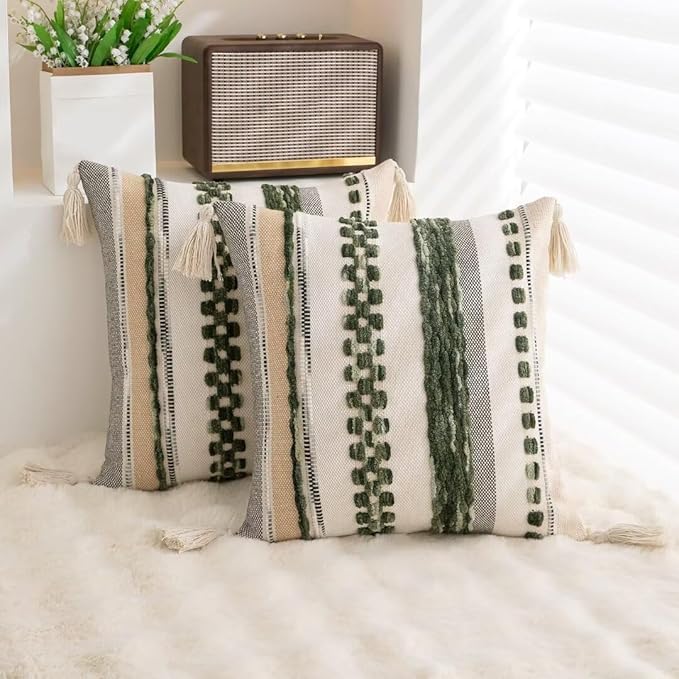 Boho Throw Pillow Covers 18x18 Set of 2 Woven Tufted Farmhouse Pillows Cover with Tassels Textured Striped Cushion Case Neutral Pillow Cases Decorative Pillowcase for Couch Bed,Dark Green