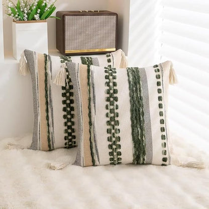 Boho Throw Pillow Covers 18x18 Set of 2 Woven Tufted Farmhouse Pillows Cover with Tassels Textured Striped Cushion Case Neutral Pillow Cases Decorative Pillowcase for Couch Bed,Dark Green