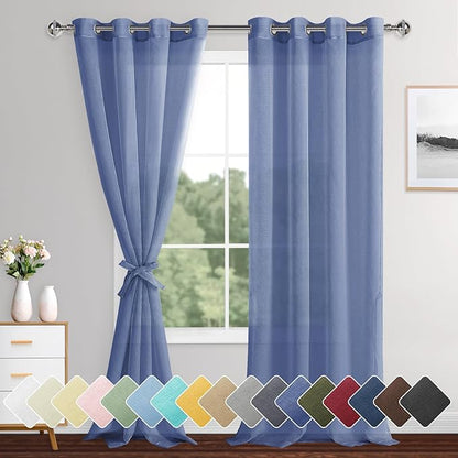 XWZO Sheer Curtains for Bedroom, Light Filtering, Airy & Breathable Voile Grommet Window Curtains for Living Room with Tiebacks, Kids' Room, Dusty Blue, W52 x L95 Inches Long, 2 Panels Set