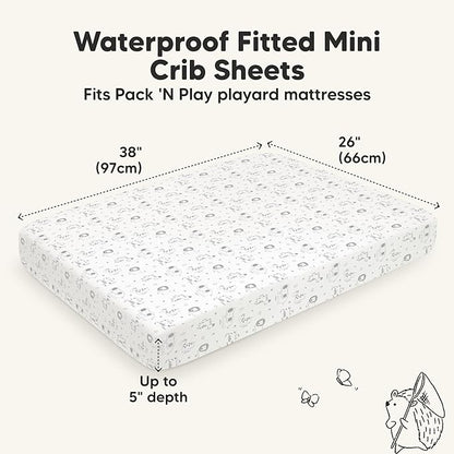 2-Pack Waterproof Pack and Play Sheets, Mini Crib Sheets Fitted for Boy, Girl - 38 x 26 Viscose from Bamboo Pack N Play Mattress Sheets for Graco, Toddler Playard Baby Crib Sheets Neutral (KeaSafari)