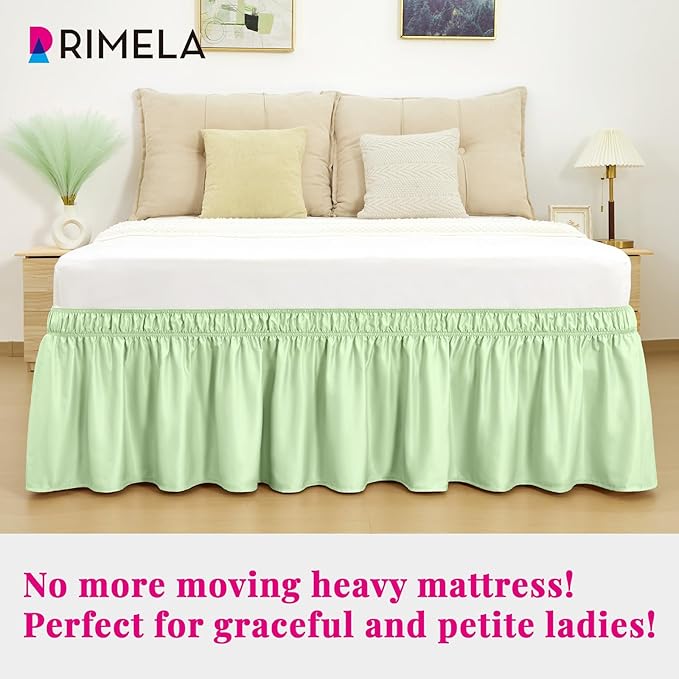 RIMELA Bed Skirt Queen Size Baby Green 15 Inch Drop, Wrap Around Elastic Bedskirt, Dust Ruffle for Adjustable Bed Base Soft Durable Fabric Machine Washable Easy to Install Bed Skirts