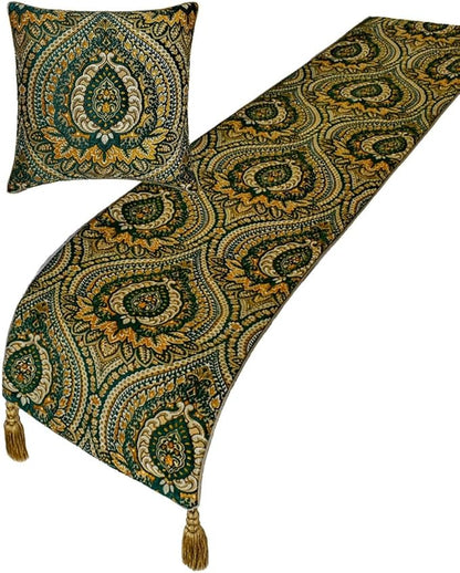 The HomeCentric King/Queen/Twin Green Designer Twin 53"x18" Bed Runner Without Pillow Cover, Damask, Tassels & Tapestry Bed Scarf on Jacquard Fabric - Damask Tapestry
