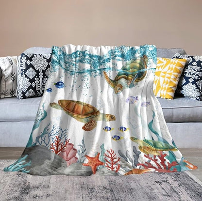 Sea Turtle Throw Blanket, Teal Blue Ocean Underwater Animal Starfish Fish Nautical Coastal Theme Fleece Flannel Blanket for Couch Sofa Bedroom Adults Kids, 60"x80"