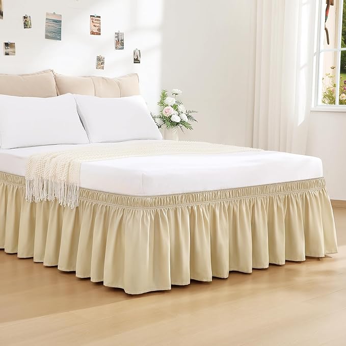RIMELA Beige White Bed Skirt King Size 18 Inch Drop, Elastic Bed Skirting for Bed Base and Frame, Bedding Dust Ruffle Easy to Install, Lightweight Wrap Around Adjustable Bedskirt
