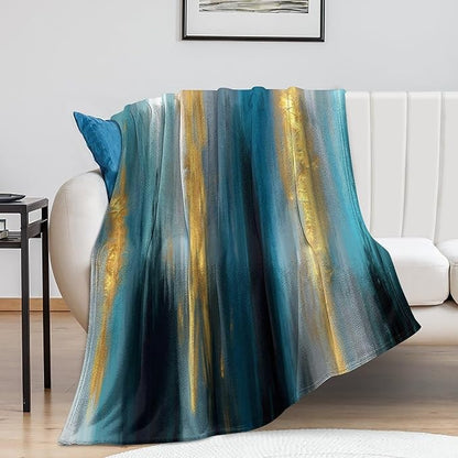 Fashion Gradient Blanket, Modern Abstract Art Gold Lake Blue Painting Strokes Pattern Soft Warm Cozy Plush Flannel Covers for Livingroom Bedroom Couch Chair Camping Travel Home Decor Tapestry 60x80in