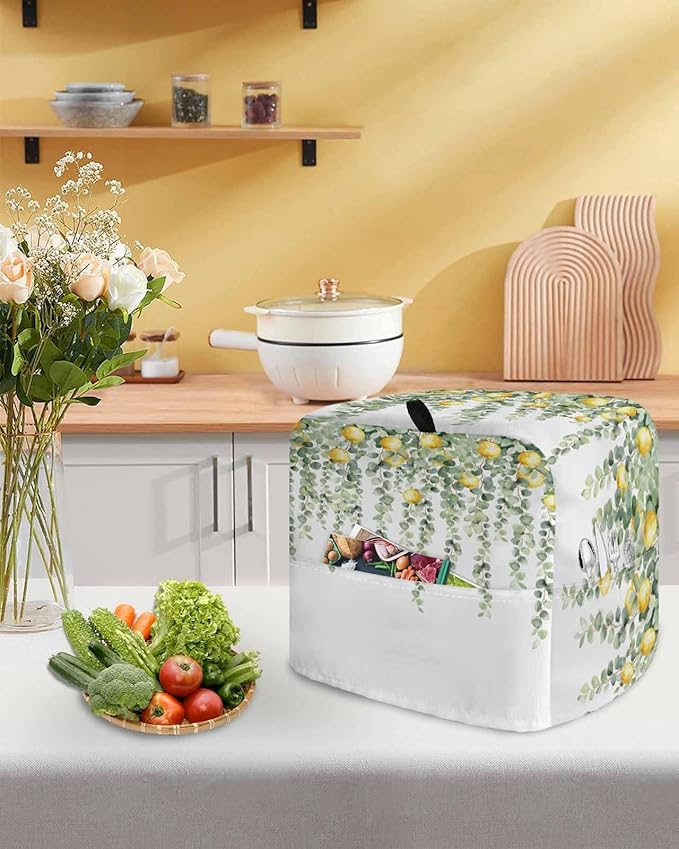 Sage Green Leaves Stand Mixer Dust Cover with Storage Pocket & Handles, Fits All Tilt Head & Bowl Lift Eucalyptus Vines Lemon Kitchen Appliance Cover Organizer Spring Bag Accessories, 6-8 Quart