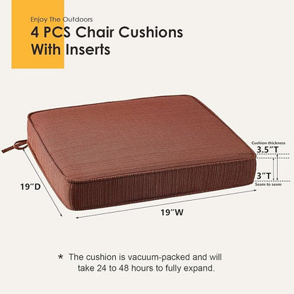 Outdoor Square Corner Seat Cushion, 19"x19"x3", Set of 4, Non Slip Seat Cushion Pads with Removable Cover for Patio Furniture, Garden Yard Lawn, Dark Yellow Tan Stripe
