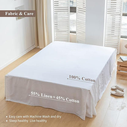 BISELINA French Linen Bed Skirt with Pleated Corner 18-Inch Tailored Drop Natural Flax Cotton Blend Basic Dust Ruffle Soft Cozy Farmhouse Bedding (18" Twin, Basic White)