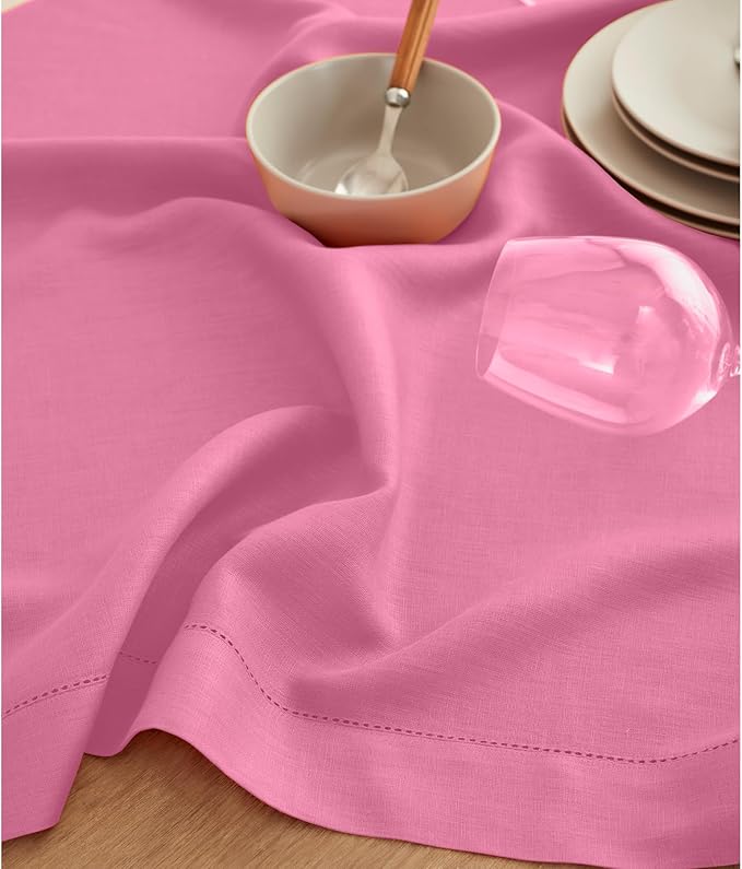 Solino Home Linen Flamingo Pink Table Runner 144 Inches Long - 100% Pure Linen Extra Long Table Runner 14 x 144 Inch for Christmas - Classic Hemstitch