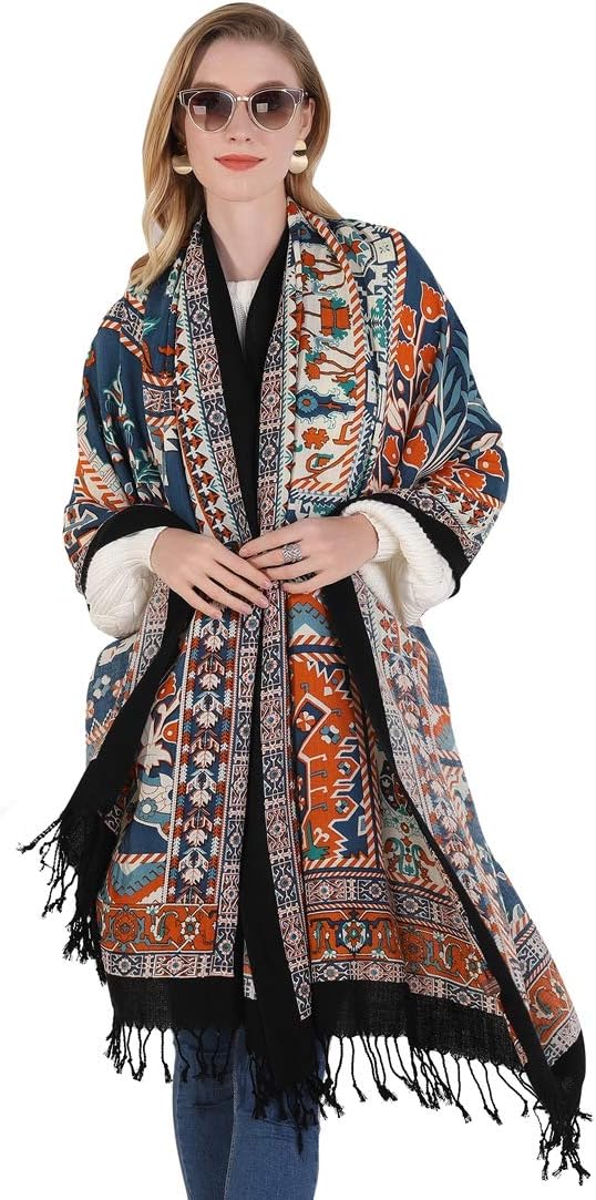 DANA XU 100% Merino Wool Pashmina Shawl for Women 96"x43", Oversized Cashmere Wrap with Tassels, Floral Travel Blanket Cape