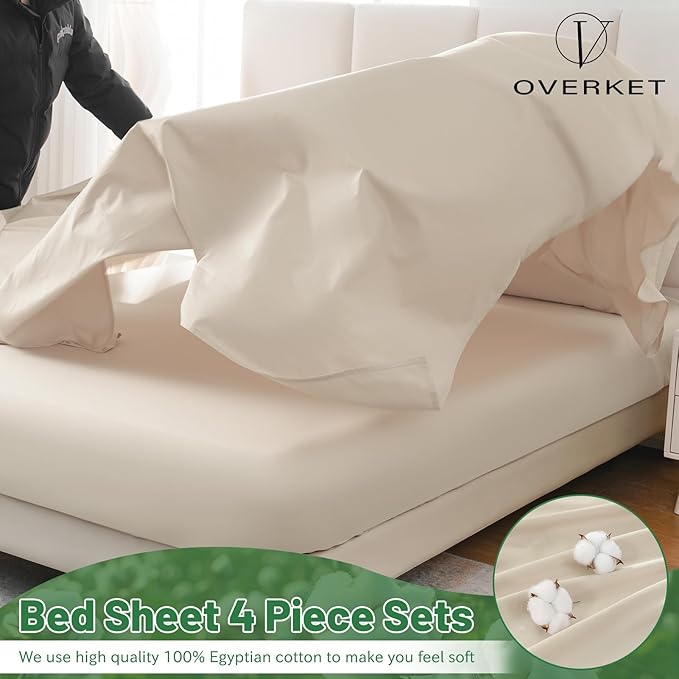 100% Egyptian Cotton Sheets King Size 4PCS 1000 Thread Count Sateen Weave Soft Breathable 16-Inch Deep Pocket （King,Linen）