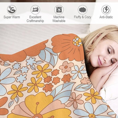 Retro 70s Floral Blanket, Hippie Summer Groovy Flower Power Flower Boho Print Throw Blanket for Couch Sofa Couch Chair 40"x50"