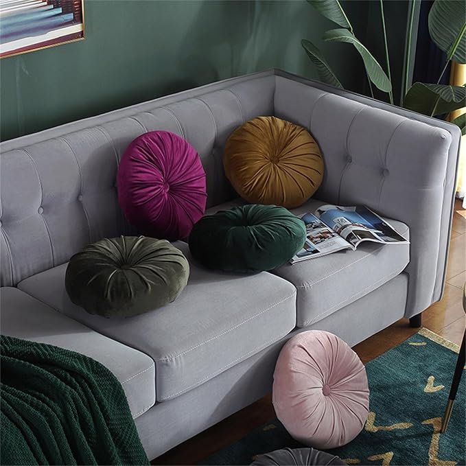 Round Throw Pillow Velvet Pumpkin Pleated Meditation Pillow Solid Color Home Decorative Throw Pillow Floor Cushion for Sofa Chair Living Room Decoration (Pink)