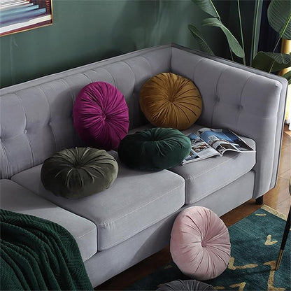 Round Throw Pillow Velvet Pumpkin Pleated Meditation Pillow Solid Color Home Decorative Throw Pillow Floor Cushion for Sofa Chair Living Room Decoration (Pink)