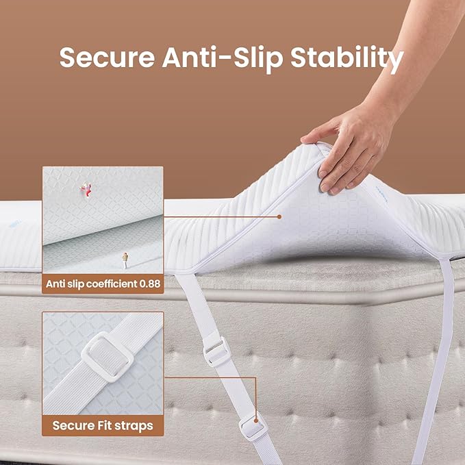 OhGeni 4 Inch Cooling Queen Size Gel Memory Foam Mattress Topper Pad, Washable Bed Cover with Anti-Slip Base &Zipper,Fits 6"-19" Mattresses with Straps,Extra Comfort for Sleep & Back Pain Relief